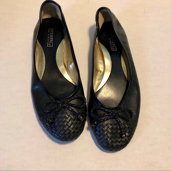 Sperry Shoes - Sperry topsider black leather ballet flats 9 braided round toe gold shoes bow